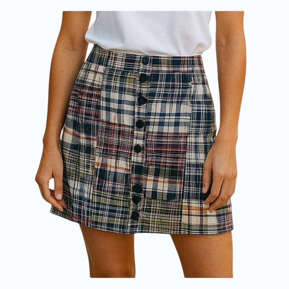 Carole Little Women Plaid Mini Skirt Size 14 Blue White Button Front 100% Cotton